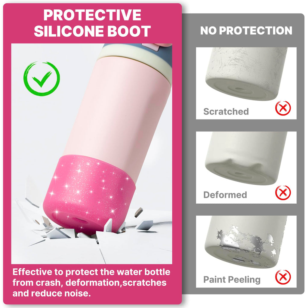 Diumepo Silicone Water Bottle Boot for Owala 14/16oz, Anti-Slip Protective Sleeve Bottom Bumper Protector for Owala 12 oz Tumbler, Flip 14 oz and FreeSip 16 oz Water Bottle (Glitter Rose Red)