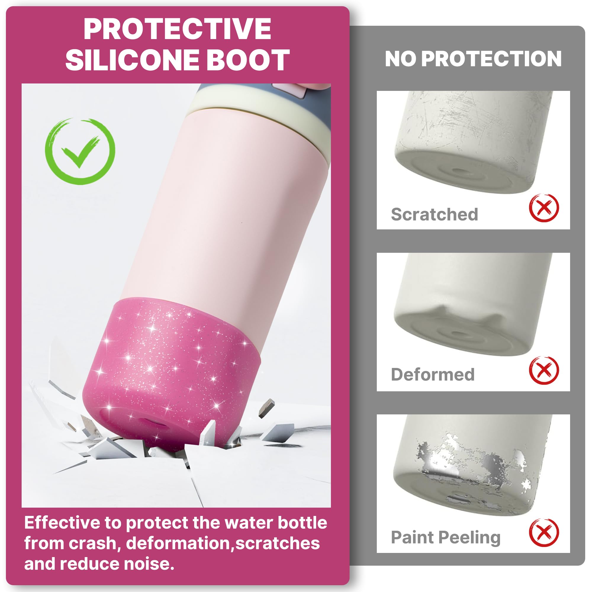 Diumepo Silicone Water Bottle Boot for Owala 14/16oz, Anti-Slip Protective Sleeve Bottom Bumper Protector for Owala 12 oz Tumbler, Flip 14 oz and FreeSip 16 oz Water Bottle (Glitter Rose Red)