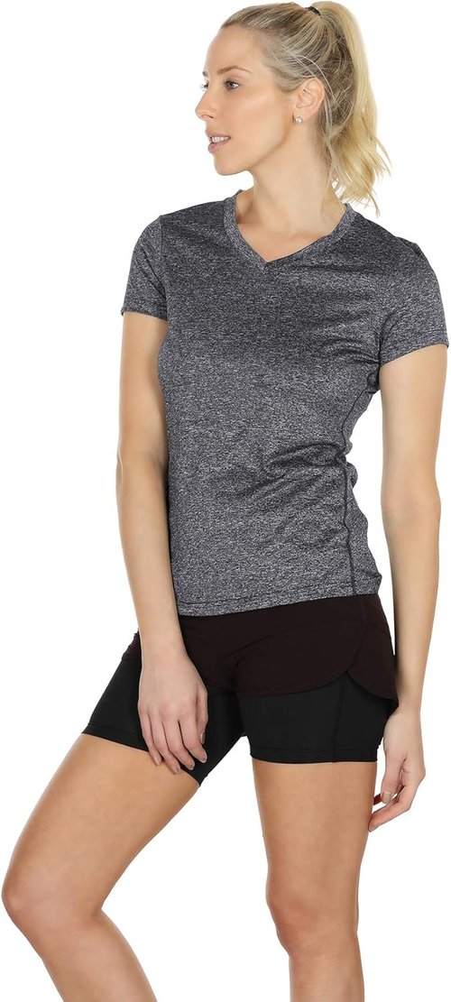 Icyzone Workout Shirts - Women's V-Neck Yoga Tops for Running & Fitness | Short Sleeve Tees (XL, Royal Blue/Purple/Charcoal)