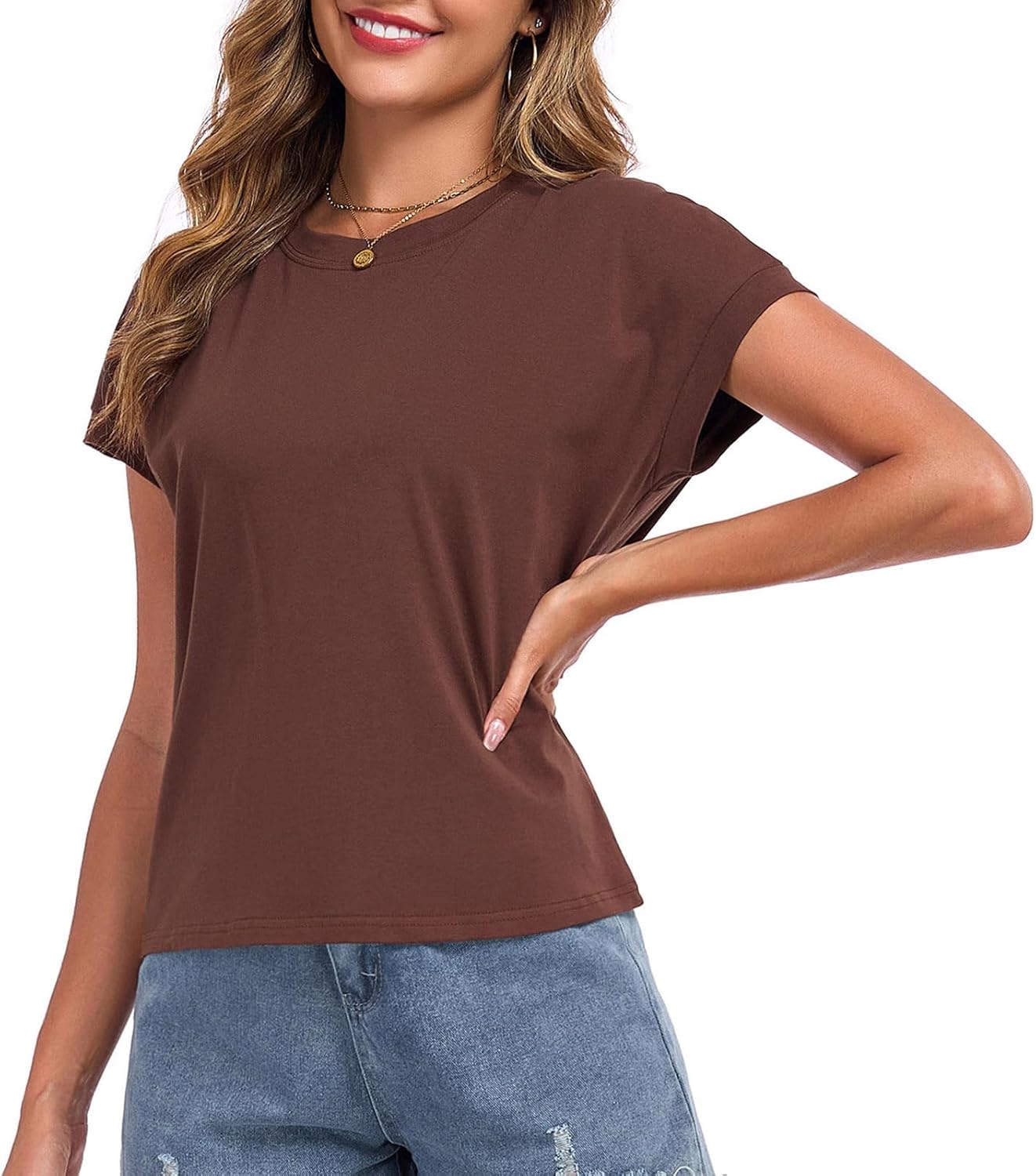 Skiennix Women's Cap Sleeve Cropped Tee - Loose Fit Cotton Crewneck Summer Blouse
