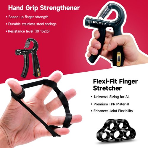 FitBeast Hand Grip Strengthener Workout Kit (5 Pack), 2 Forearm Grip Adjustable Resistance Hand Gripper, Finger Stretcher, Grip Ring & Stress Relief Grip Ball for Athletes, Black