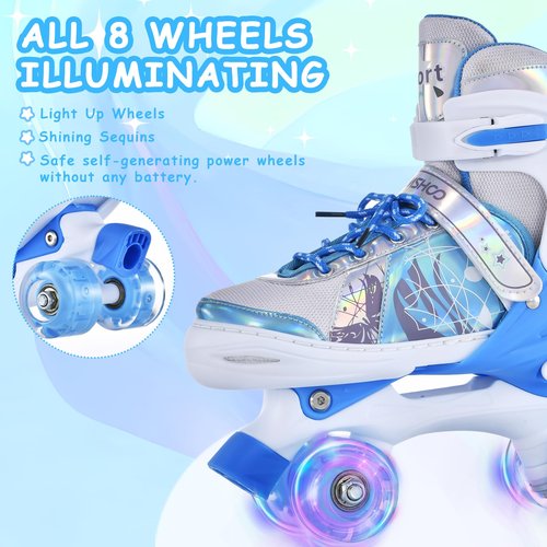 TOMSHOO Kids Roller Skates for Girls Boys 4 Sizes Adjustable Quad Skates with Light up Wheels Ages 3-5 5-8 6-12 rollerskates for Indoor Outdoor Birthday Gift (Blue, Small)
