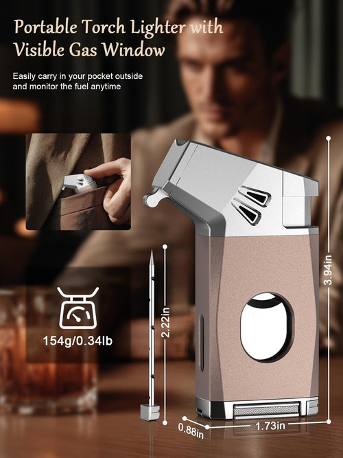 5-in-1 Torch Lighter with Straight Cutter, Punch, Holder, Draw Enhancer Tool, Adjustable Jet Flame, Gifts for Men, Butane Refillable Lighter, Multi-Functional Accessories, Lighter for Travel