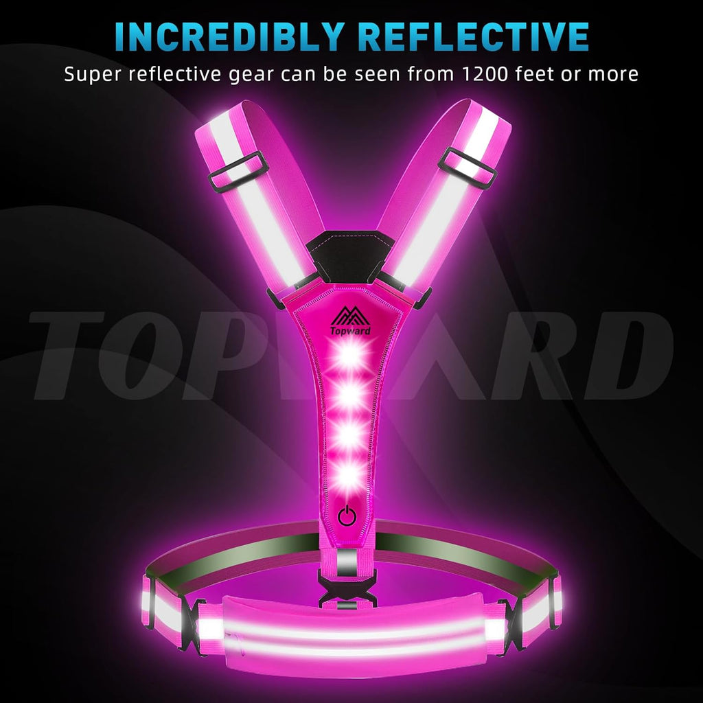 Topward LED Reflective Vest - USB-C Rechargeable Night Running Gear | High Visibility for Dog Walking & Cycling