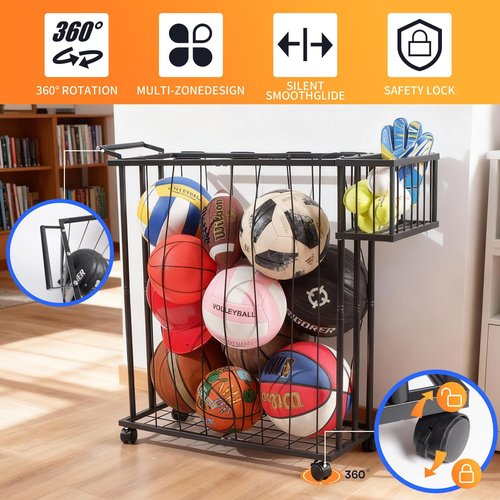 Multi-Sport Ball Storage Cart by [Brand Name] - Rolling Organizer with Side Basket for Gloves & Tennis - Ideal for Basketball, Soccer & Yoga Mats
