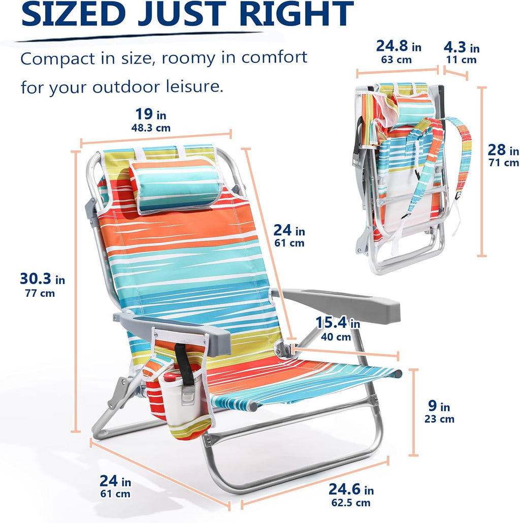 Skiennix Aluminum Lay Flat Beach Chair - Compact 5-Position Design with Cooler Pouch | 2-Pack Multicolor Stripe