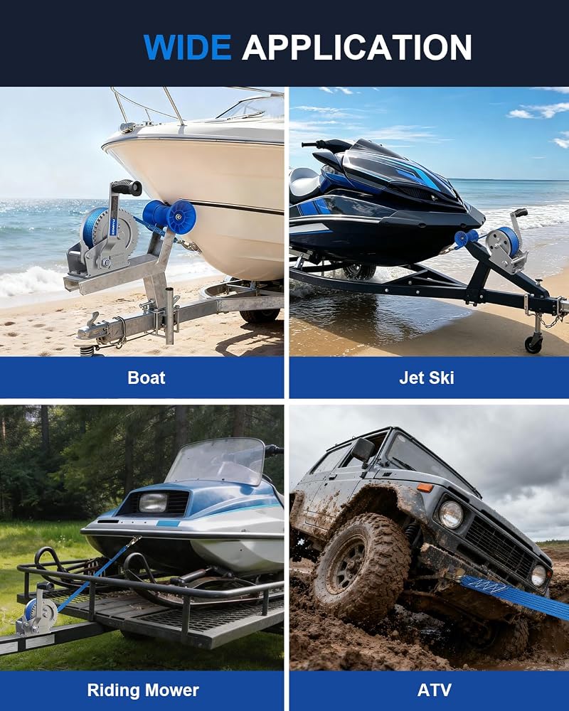 1600 lb Boat Trailer Winch with Strap - Hand Winch for Boat, ATV