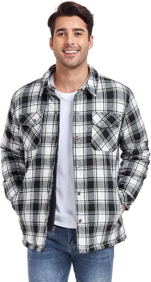CHEXPEL Flannel Jacket for Men - Long Sleeve Plaid Shirt Coat with Hood & Quilt Lining