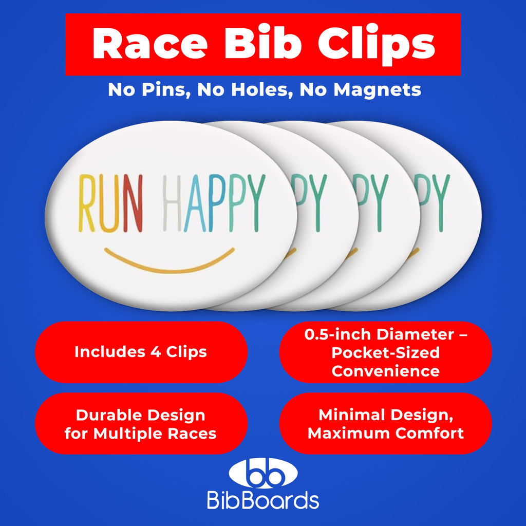bibSNAPS Race Bib Clips - Safety Lock Fasteners - Secures Running, Marathon, Cycling and Event Number, Non Magnetic, Easy to Use, Soft & Reusable - Replacement for Pins & Magnets - Run Happy (4pcs)