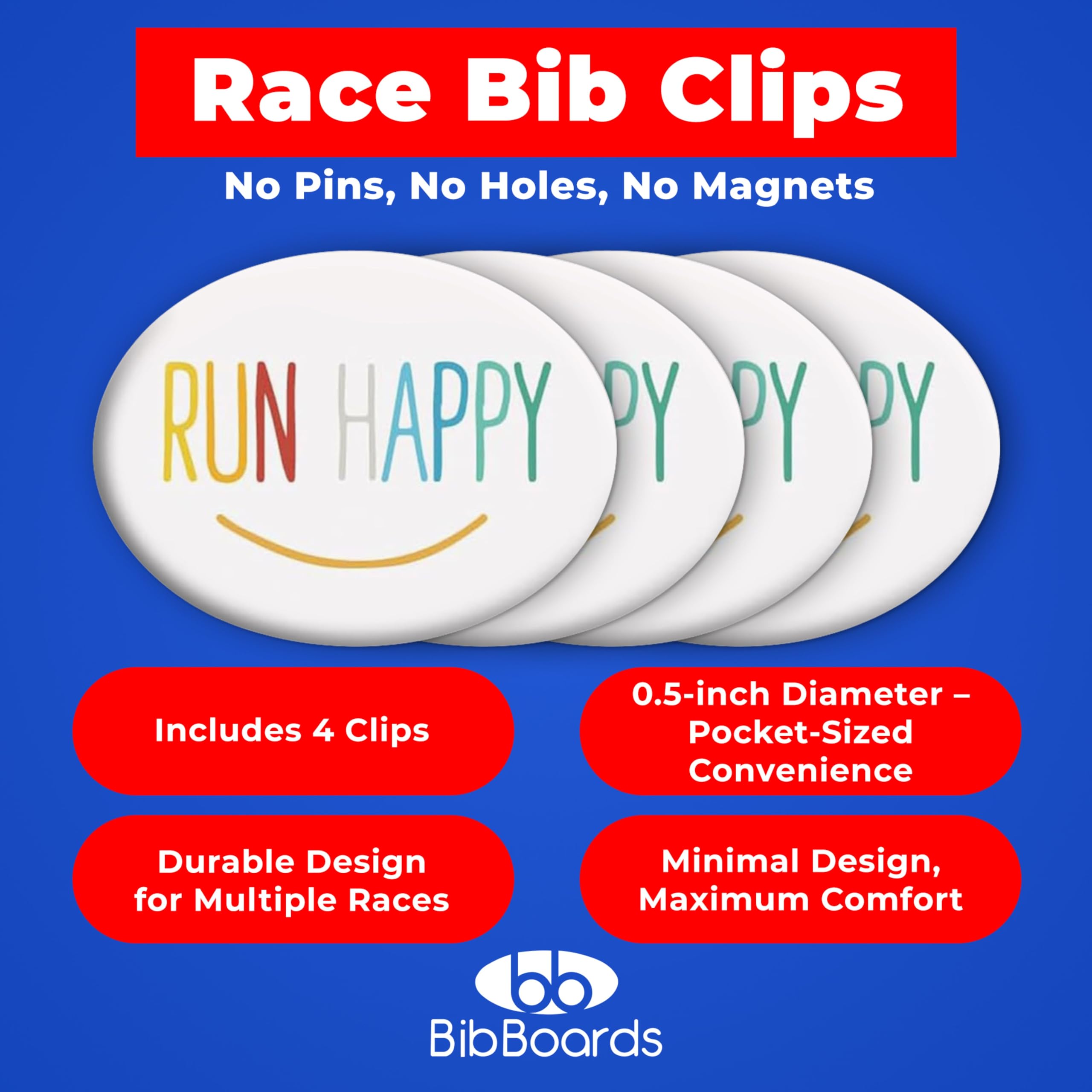 bibSNAPS Race Bib Clips - Safety Lock Fasteners - Secures Running, Marathon, Cycling and Event Number, Non Magnetic, Easy to Use, Soft & Reusable - Replacement for Pins & Magnets - Run Happy (4pcs)