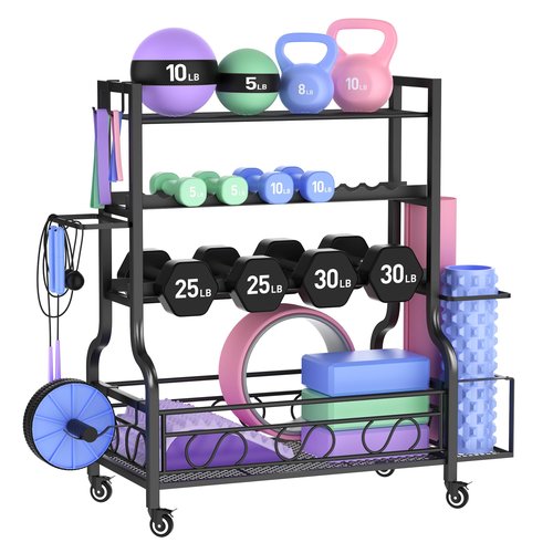 PARTPHONER Adjustable Dumbbell Rack, Weight Rack for Home Gym Storage, Home Gym Storage for Stores Dumbbells, Kettlebells and Yoga Mats, All in One Workout Storage Racks with Wheels and Hooks, Durable Powder Coated Steel