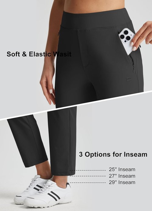 Libin Women's Golf Pants - Stretchy High-Waisted Travel Dress Pant with Zipper Pockets | Lightweight Black, Size 27" L