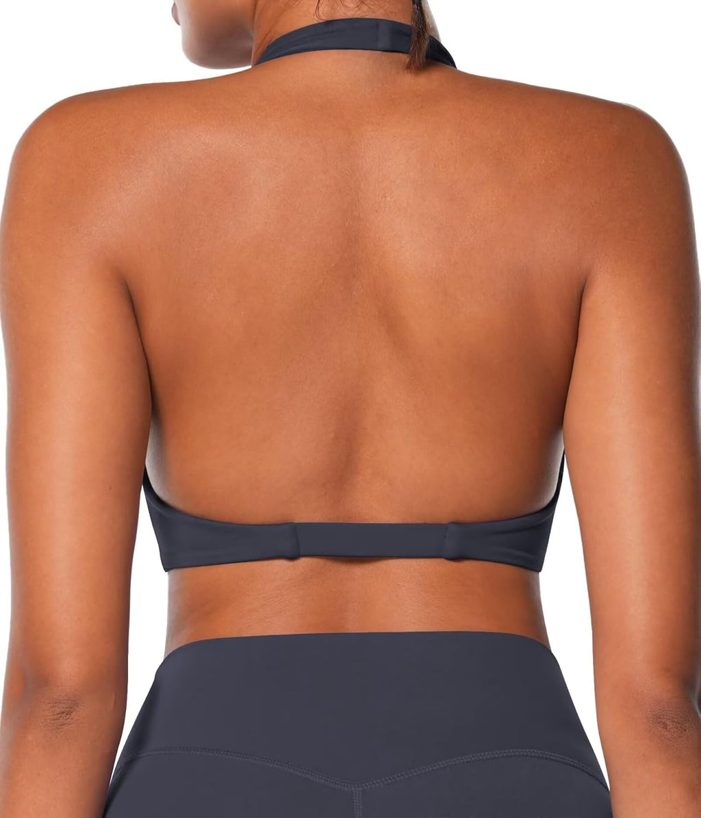 Sunzel Women's Sports Bra - Halter Neck Twist Front Yoga Crop Top with Removable Pads | Open Back V Neck