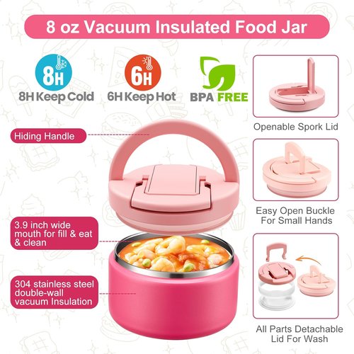 MAXSO Bento Lunch Box Set - Leakproof 4-Compartment Hot Food Container with 8 oz Soup Thermo - Pink
