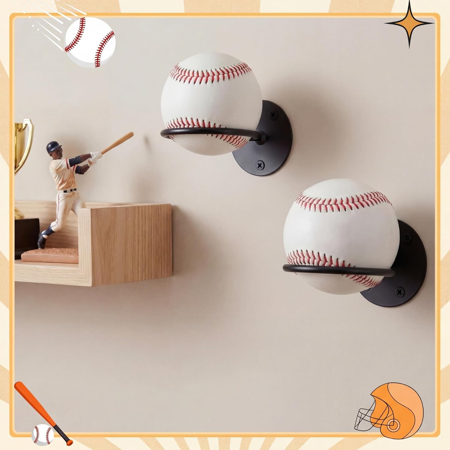 Threan Baseball Display Holder - Heavy Duty Metal Softball Wall Mount Rack for Office & Man Cave (Black)