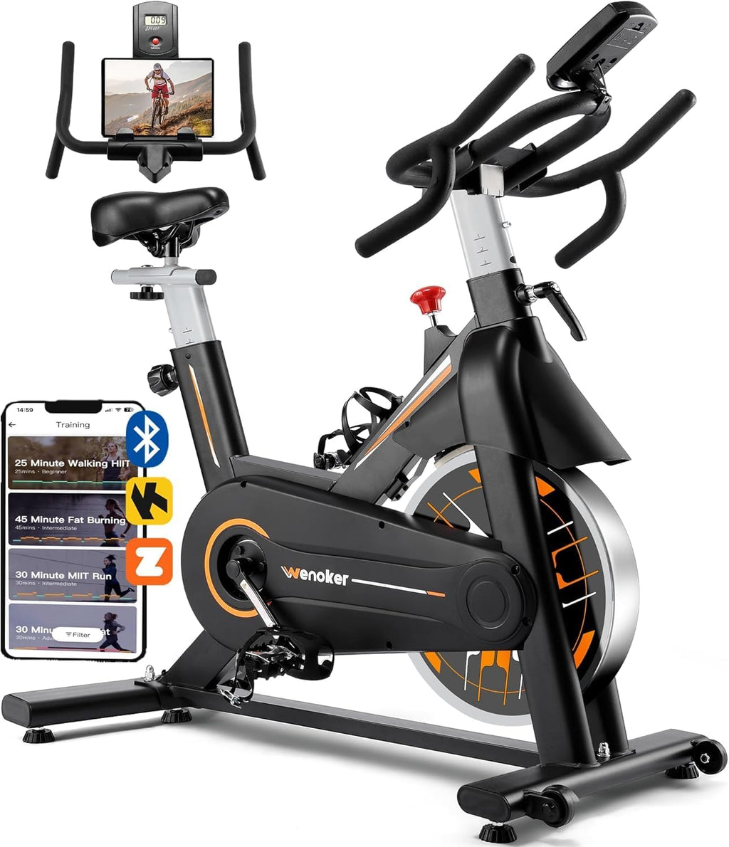 Wenoker Exercise Bike - App Sync Indoor Stationary Bike with Adjustable Seat & Multi-Grip Handlebars | Ideal for Weight Loss