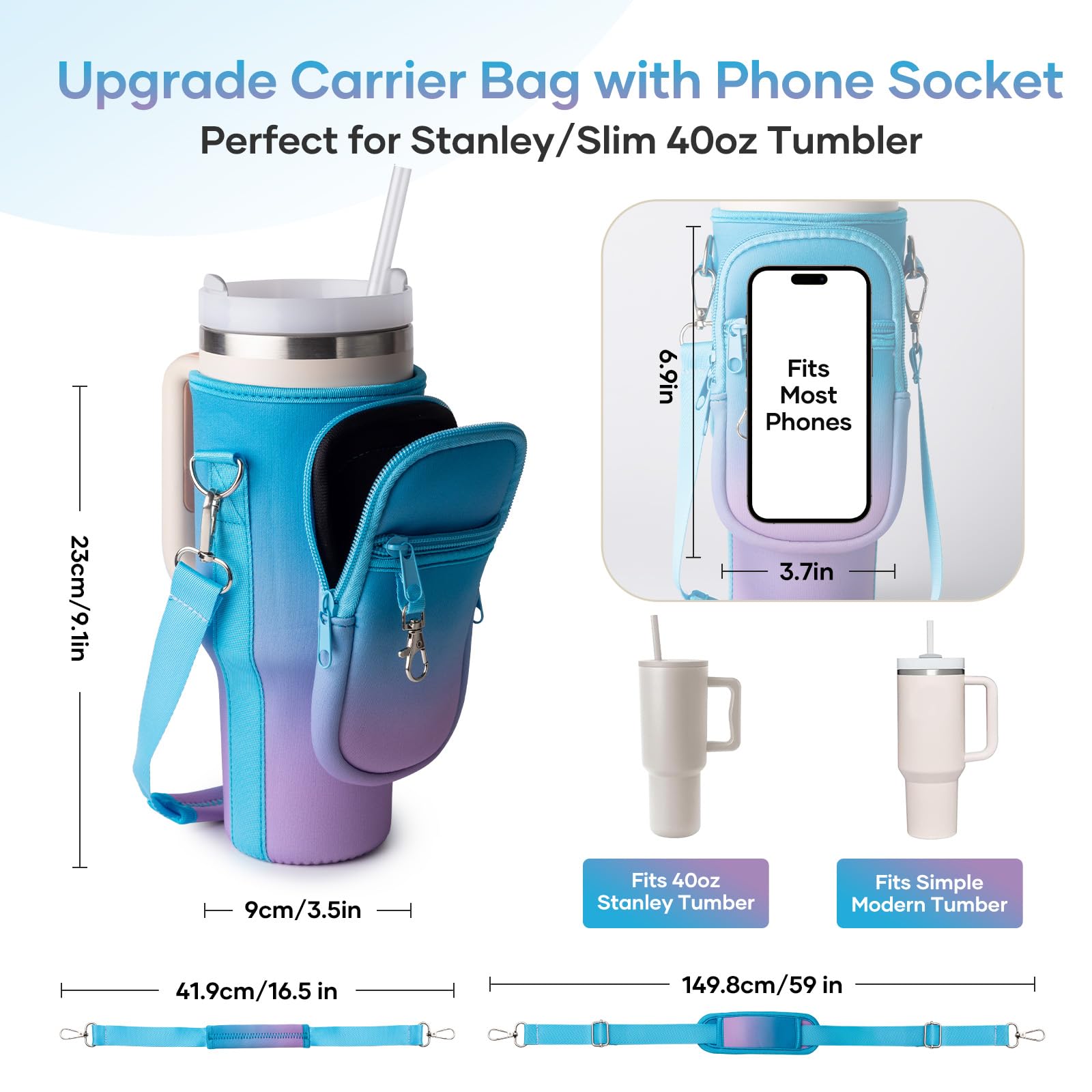 linmaya Water Bottle Carrier Bag for Stanley Cup 40/30oz with Phone Holder Pockets,Neoprene Water Bottle Cross-body Bag with Adjustable Shoulder & Hand Strap Stanley Cup Accessories