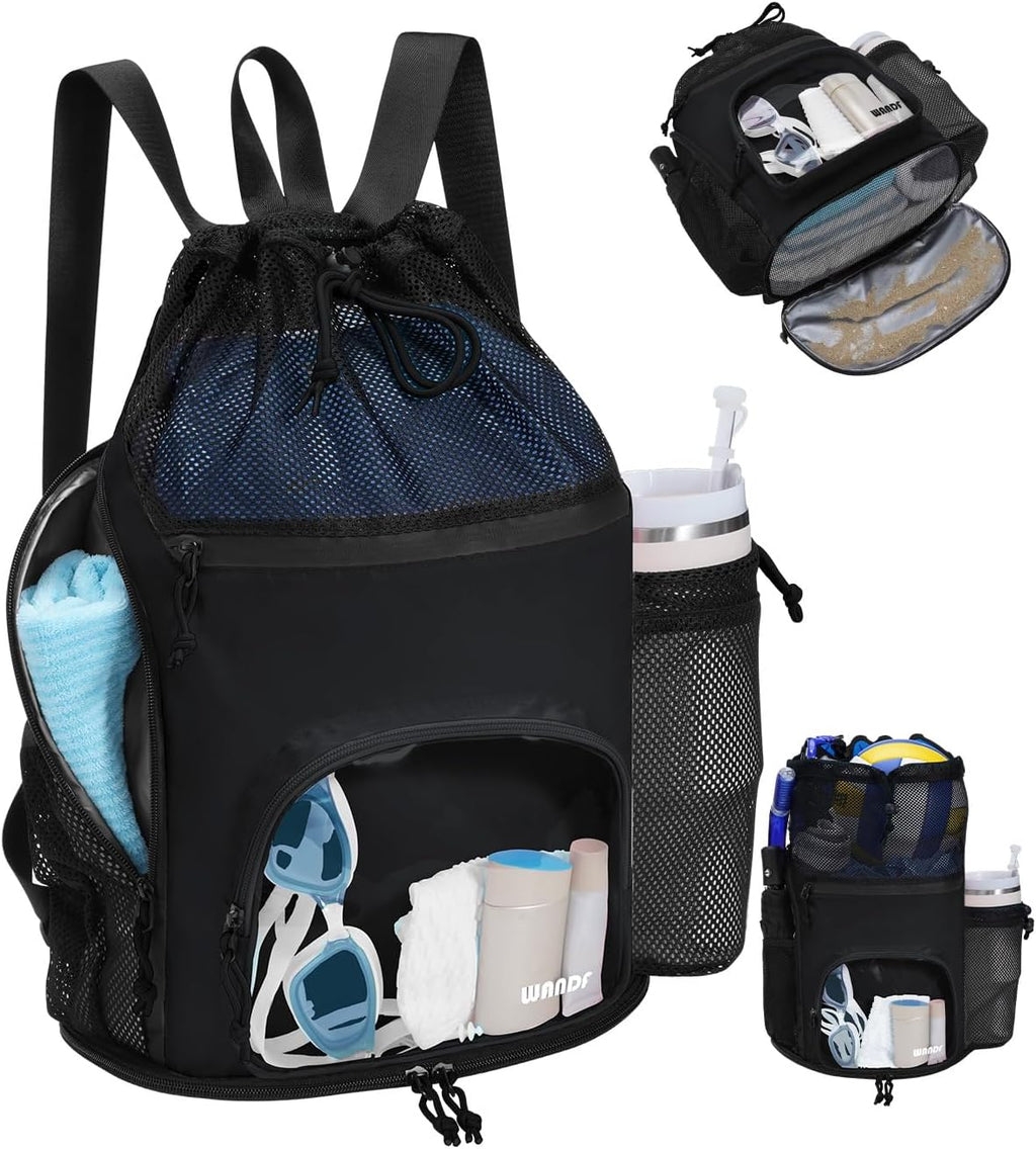WANDF Swim Bag - Sandproof Beach Backpack with Wet Pockets & Tumbler Side Pockets | Black