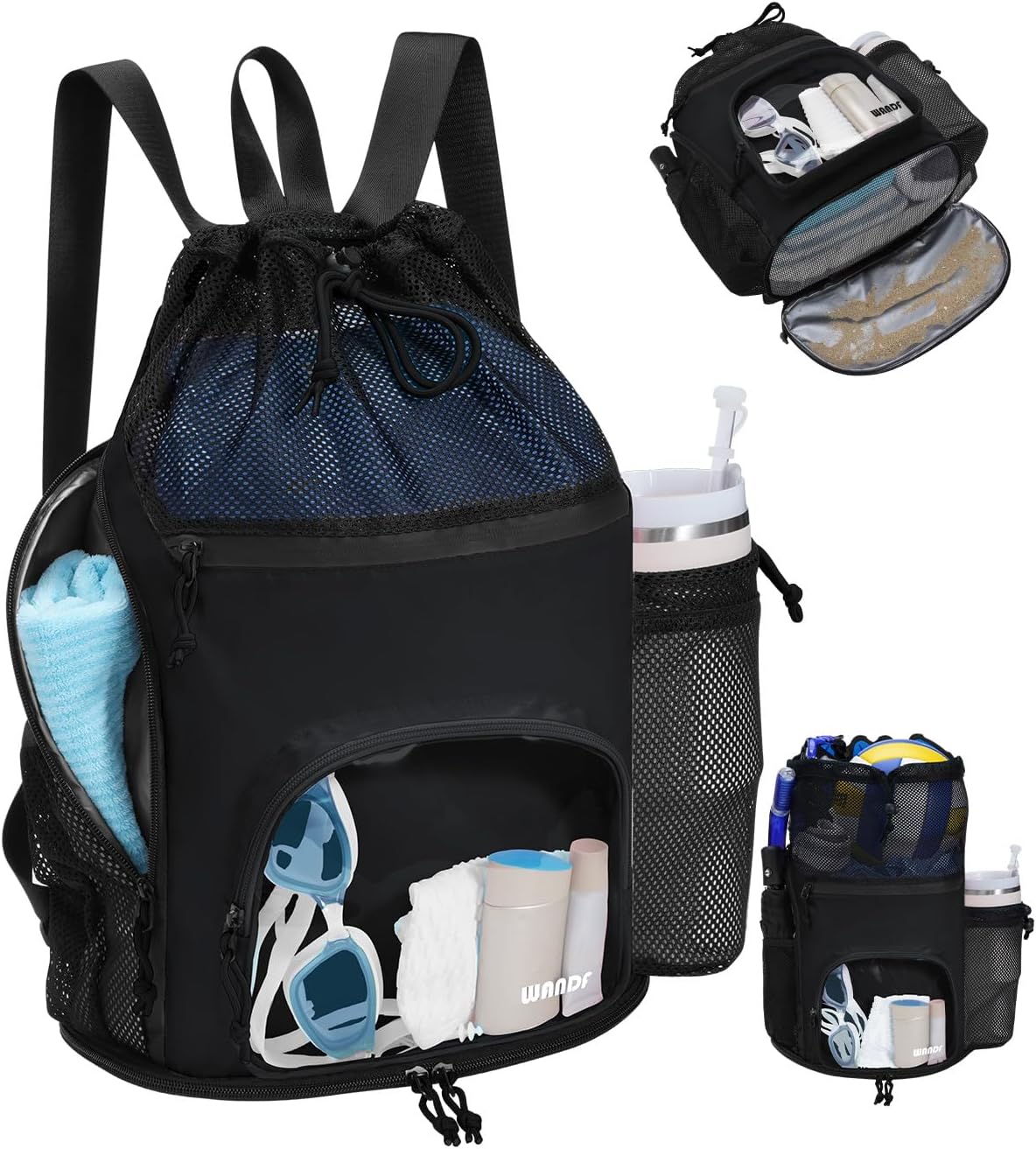 WANDF Swim Bag - Sandproof Beach Backpack with Wet Pockets & Tumbler Side Pockets | Black
