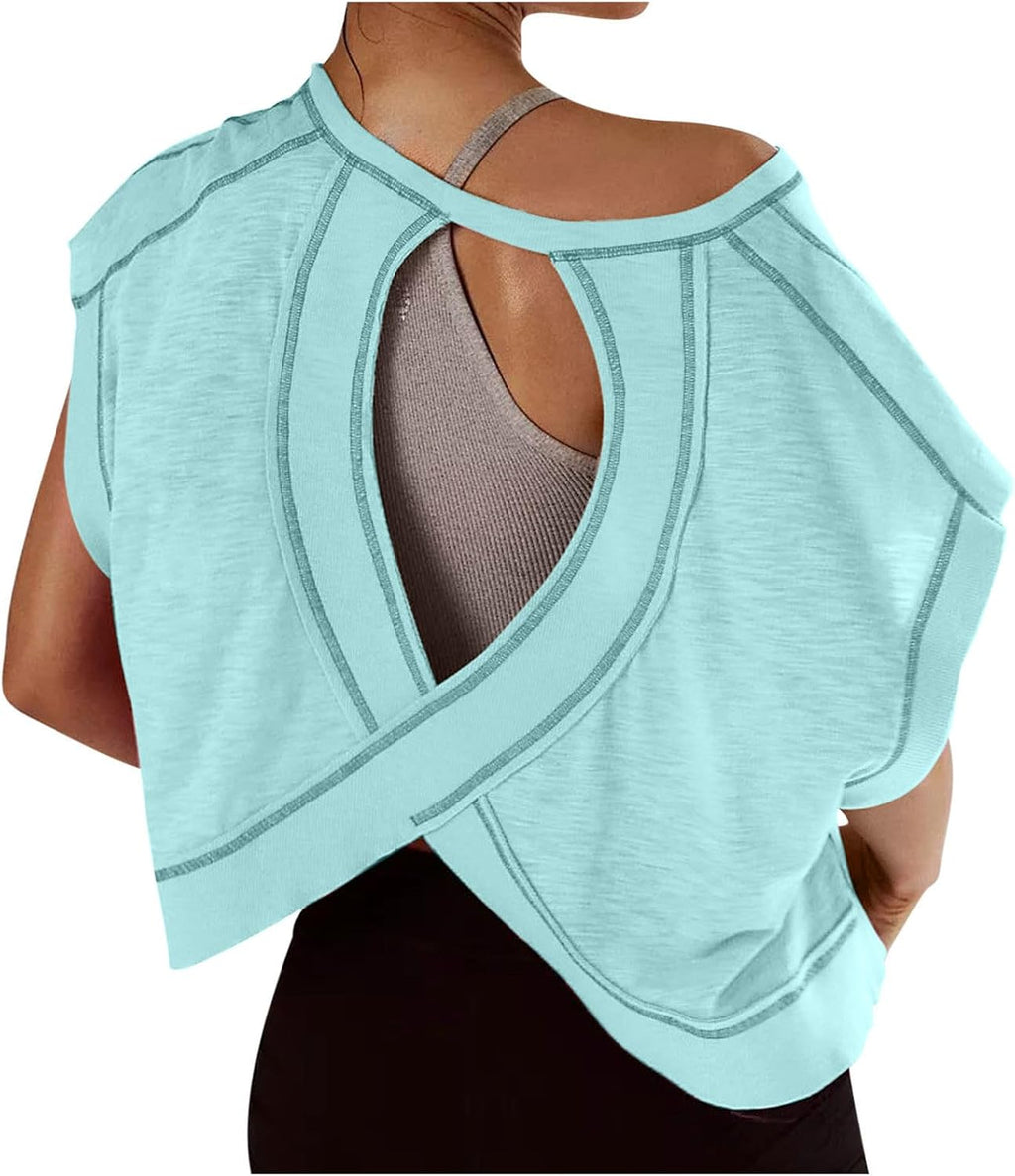 Skiennix Women's Open Back Workout Tops - Y2K Short Sleeve Yoga Shirts | Casual Backless Crop Tees