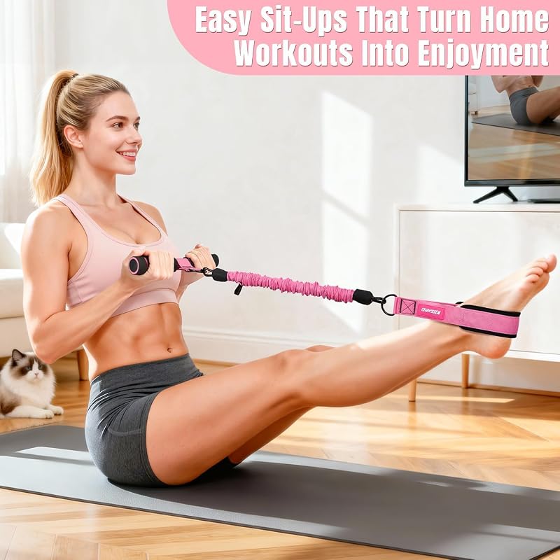 Upgraded Multifunction Pedal Resistance Band with Handle – 3 Tubes, 30-90 lb each, for Abdomen, Waist, Arms (Pink, X-Large) – Sit Up Exercise Equipment for Women