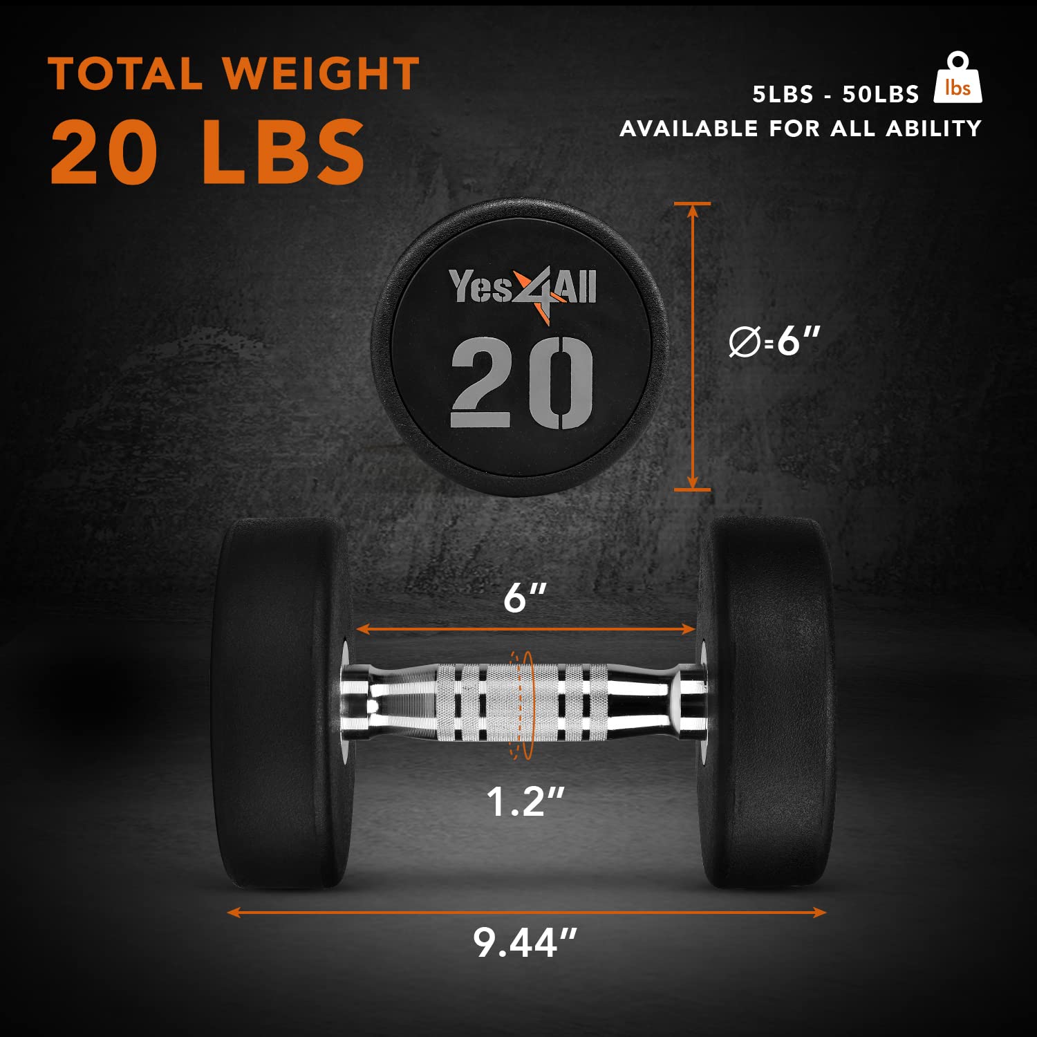 Yes4All Premium Urethane Dumbbell - 20 Pounds