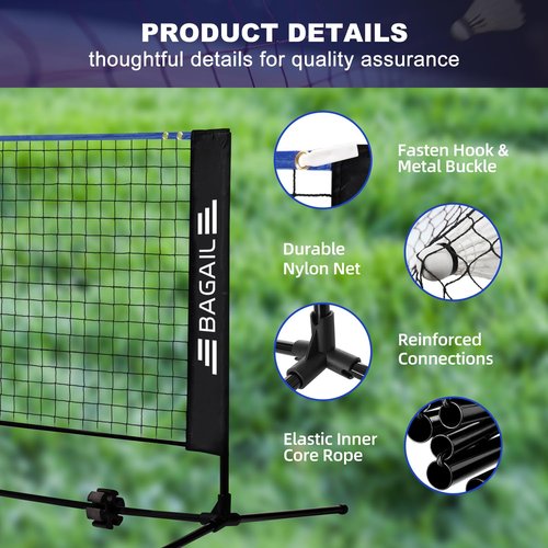 BAGAIL All-in-1 Badminton Net, Height Adjustable (Up to 5.1') Kids Volleyball Net, Quick Setup Sports Net with Portable Bag for Pickleball, Tennis, Pool, Backyard & Indoor Games - 10ft, Blue