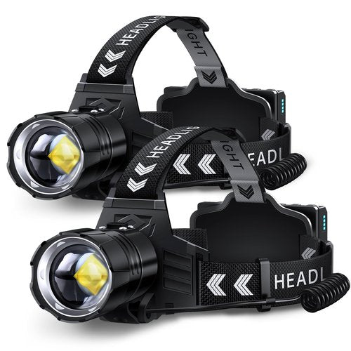 FINICO Rechargeable LED Headlamp 99000 High Lumens, 95 Hours Long Lasting Head Light with Zoomable & IPX7 Waterproof & 12 Modes & 125° Adjustable, Powerful Head Lamp for Outdoor (2 Pack)