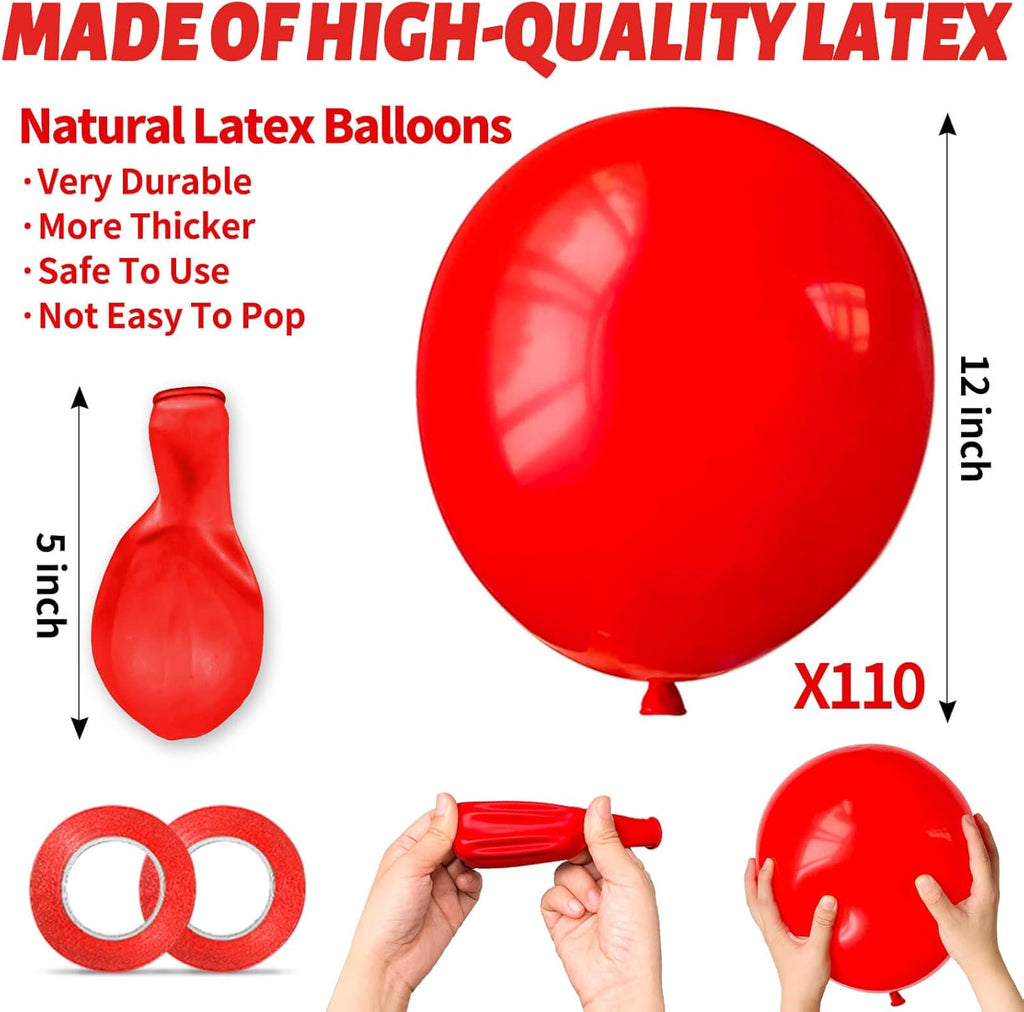 Red Balloon 110pcs - 12 Inch Red Latex Balloons for Birthday, Valentine's Day & Weddings | Includes 2 Ribbons