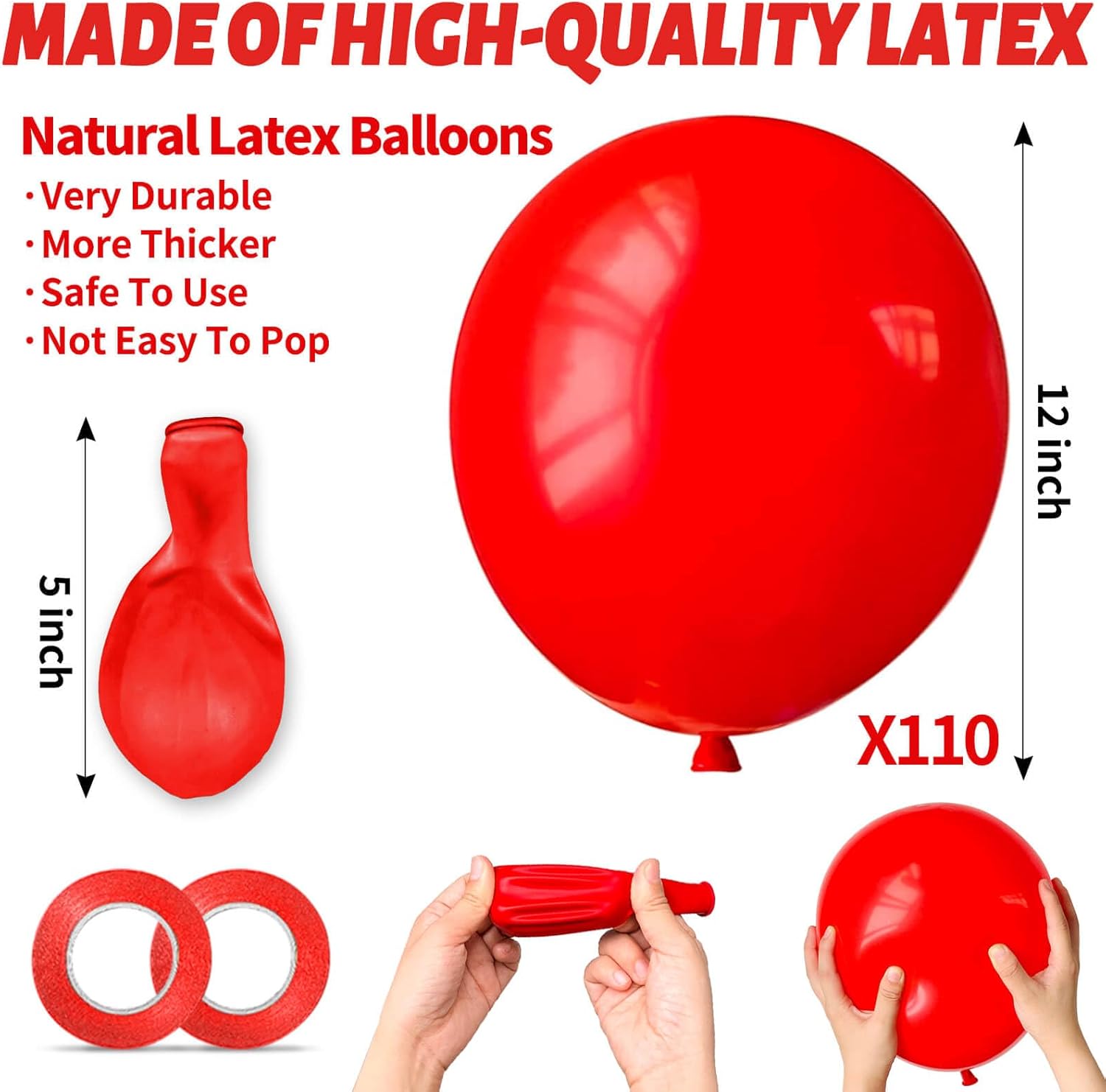 Red Balloon 110pcs - 12 Inch Red Latex Balloons for Birthday, Valentine's Day & Weddings | Includes 2 Ribbons
