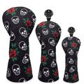 Barudan Golf Club Covers, 3pcs Golf Club Head Covers for Driver, Woods and Hybrids, Rose and Skeleton Driver Fairway Rescue Headcovers Set, Designed to Fit All Brand Golf Clubs