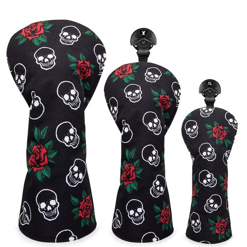 Barudan Golf Club Covers, 3pcs Golf Club Head Covers for Driver, Woods and Hybrids, Rose and Skeleton Driver Fairway Rescue Headcovers Set, Designed to Fit All Brand Golf Clubs