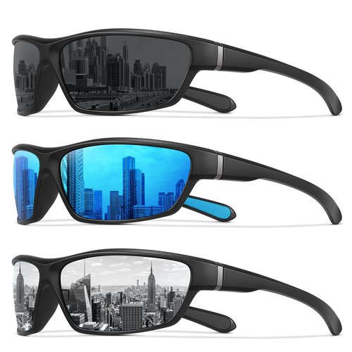MEETSUN Polarized Sports Sunglasses for Men Women Wrap Around Driving Cycling Golf Fishing Sun Glasses UV400 Protection 3Pack- Black+Blue+Silver