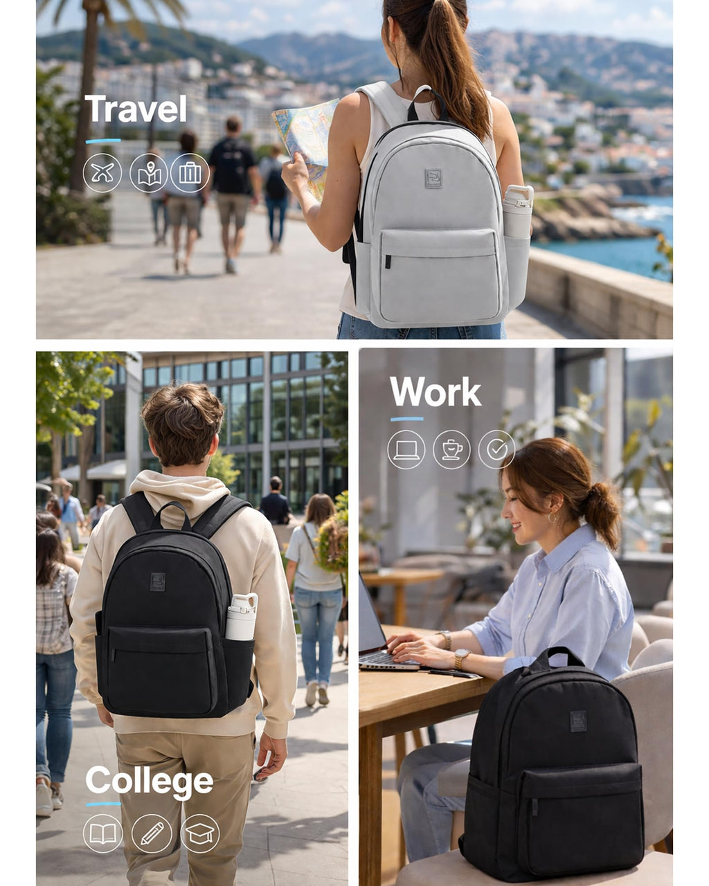 Hanke Travel Backpack for Women Men, 15.6 Inch Laptop College Backpack, Lightweight Small Computer Bookbag, Water-Resistant Casual Daypack, Black