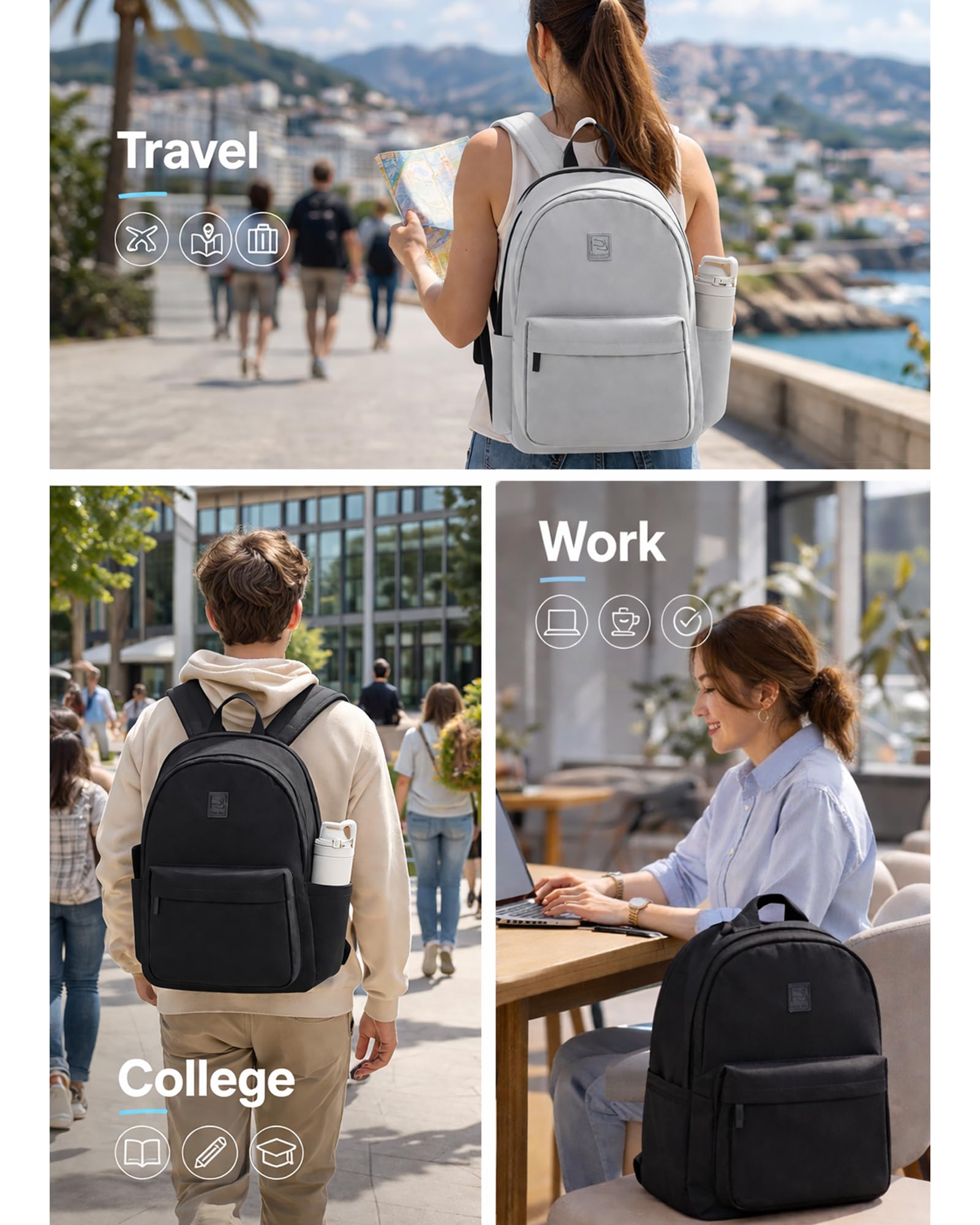 Hanke Travel Backpack for Women Men, 15.6 Inch Laptop College Backpack, Lightweight Small Computer Bookbag, Water-Resistant Casual Daypack, Black