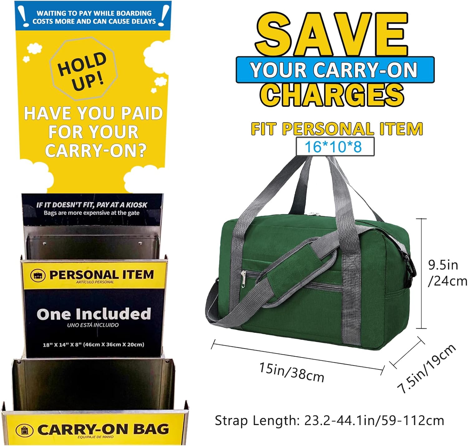Skiennix 15-Inch Small Carry-On Bag - Foldable Travel Duffle for Airplanes | Underseat Gym Bag (20L, Green)