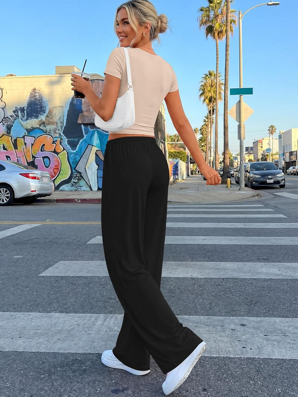 Trendy Queen 2 Piece Matching Summer Sweatsuit - Women's Side Ruching Top & Wide Leg Pants Set with Pockets