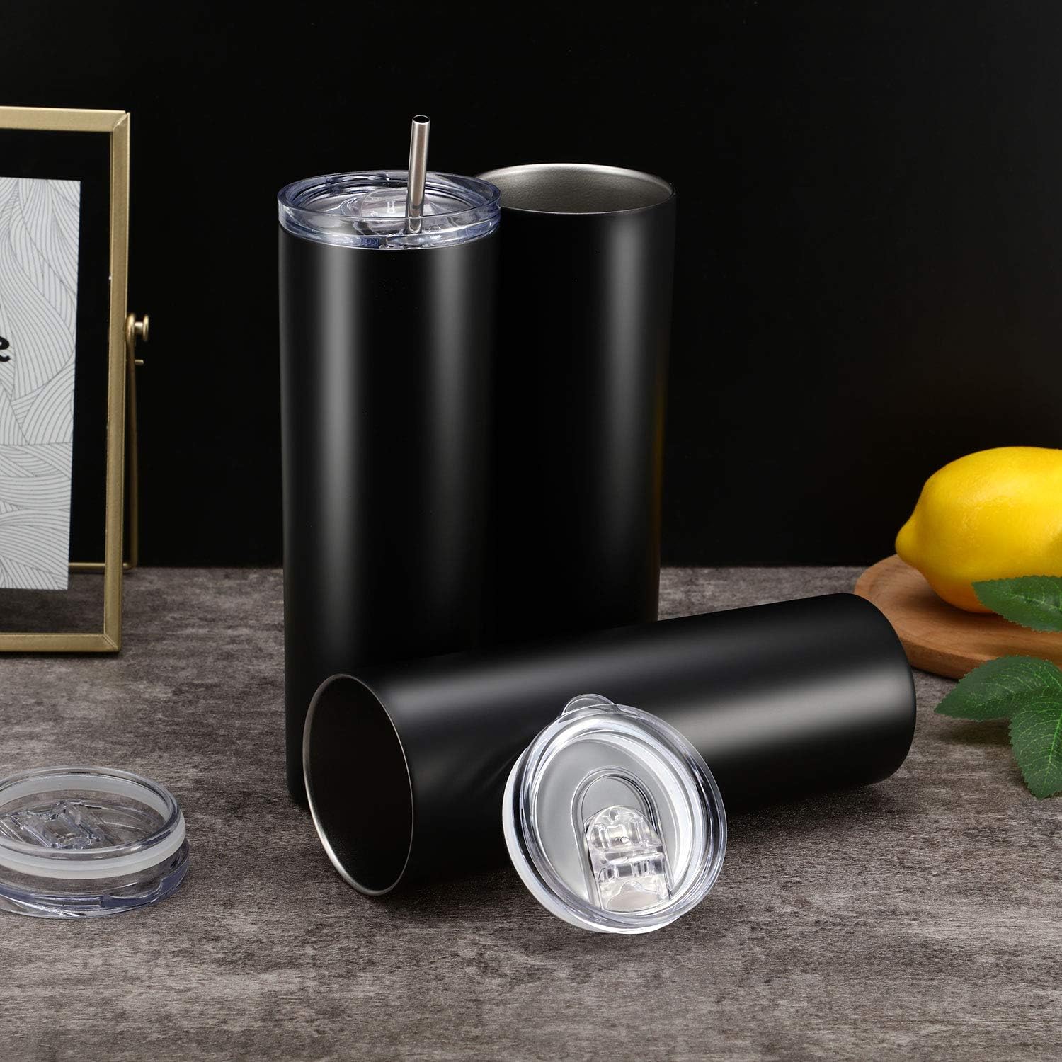 Skiennix 20 oz Stainless Steel Skinny Tumbler - Double-Insulated, Splash-Proof Lid & Straw | Black
