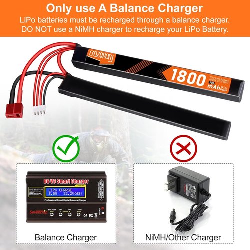 Crazepony 11.1V Airsoft Battery - Rechargeable 3S LiPo 1800mAh Nunchuck Split Pack with T Plug | Mini Tamiya Cable