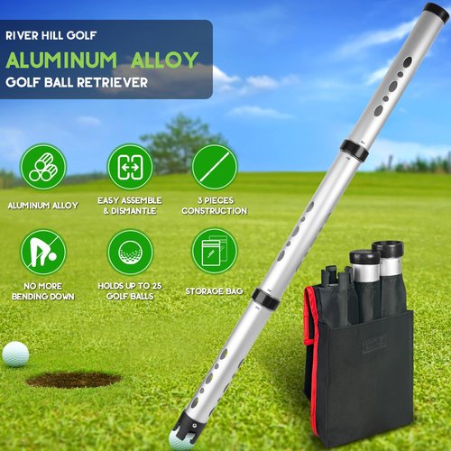 River Hill Golf Golf Ball Retriever, 3 Pieces Aluminum Alloy Picker Upper Tube w/Storage Bag, 25 Golf Balls Shagger Grabber, 41.3 Inch Ball Collector, Pickup Tool Device
