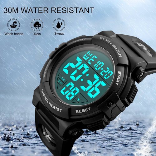 SKMEI Large Face Digital Watch Men’s Sports Waterproof LED Military Wristwatches Chronograph Alarm Clock (Black)