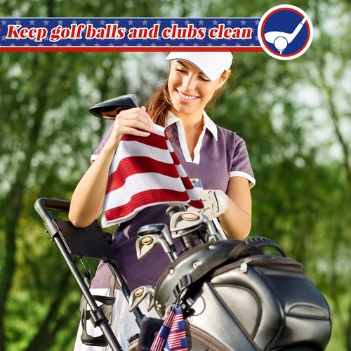 Flutesan 4 Pieces American Flag Pattern Golf Towels for Golf Bags Red White Blue Golf Ball Towel for Men Women Microfiber Waffle Texture Absorbent Golf Towels for 4th July Independence Memorial Day