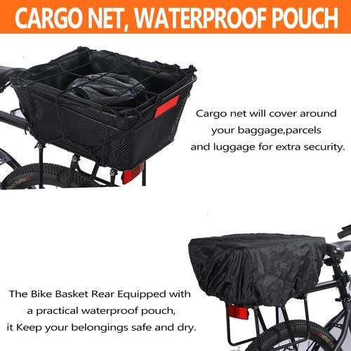 YONTUO Rear Bike Basket with Liner,Large Bicycle Basket with Waterproof Cover,Bicycle Rear Basket with Cargo Net,Great for Bike Trip,Carrying Grocery and Some Heavy Load，BCB04