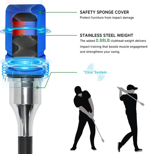 Sukubiui Golf Swing Trainer, Click Stick Golf Swing Training Aid for Inertia & Swing Rhythm Practice, Weighted Golf Trainer with Comfort Grip Helps Enhance Strength & Maintain Good Grip Habits, Blue