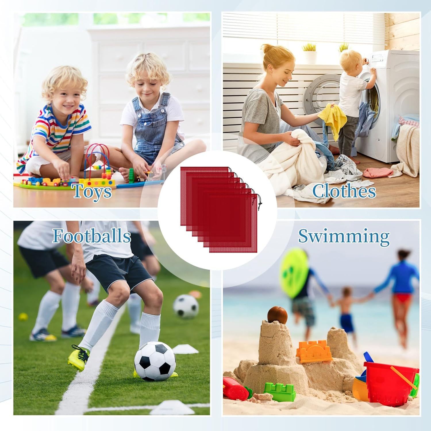 Skiennix 6 Pcs Mesh Drawstring Bags - 14x17 Inch Multipurpose Storage for Gym, Beach & Laundry | Red