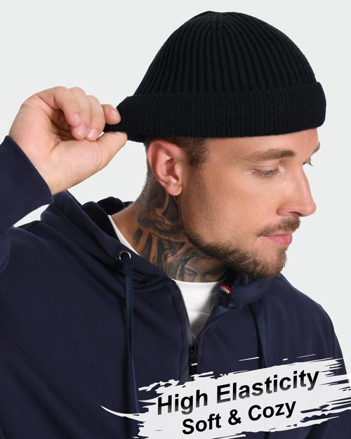 ROYBENS Short Fisherman Beanie for Men Women, Wool Warm Winter Hat, Swag Knit Cuff Soft Trawler Beanies Watch Cap Skull Caps, Black