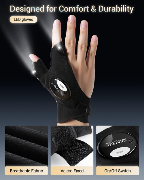 ThxToms LED Flashlight Gloves, Gifts for Him Men Boyfriend Husband, Mens Gifts for Fathers Day Christmas Birthday, Cool Gadgets Tools for Fishing, Repairing, Camping, 1 Pair Black