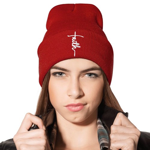 Faith Embroidered Beanie Jesus Knit Hat Winter Skull Cap, Christian Beanie for Men Women,Red