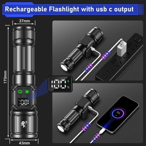 JAY-PARK Flashlights High Lumens, Rechargeable Flashlight 100000 Lumens with Magnetic, Bright Flash Light 9 Modes with 5000 mAh Battery, Tactical Flashlight for Camping, Hiking, Dog Walking