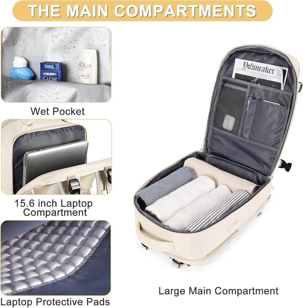 Skiennix Beige Large Travel Backpack - Airline Approved Waterproof Carry-On Bag for Men & Women